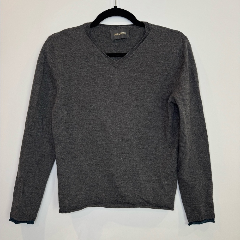 Zadig & Voltaire Charcoal gray contrasting teal trim Neck Sweater merino wool